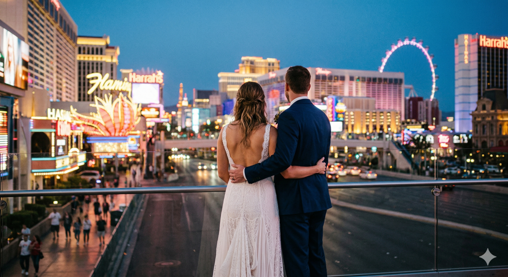 Coordination elopement à Las Vegas, couple de mariés de dos devant les néons du Strip.